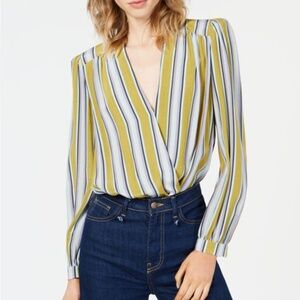 ASTR The Label Quinn Stripped Surplice-Neckline Bodysuit Size M